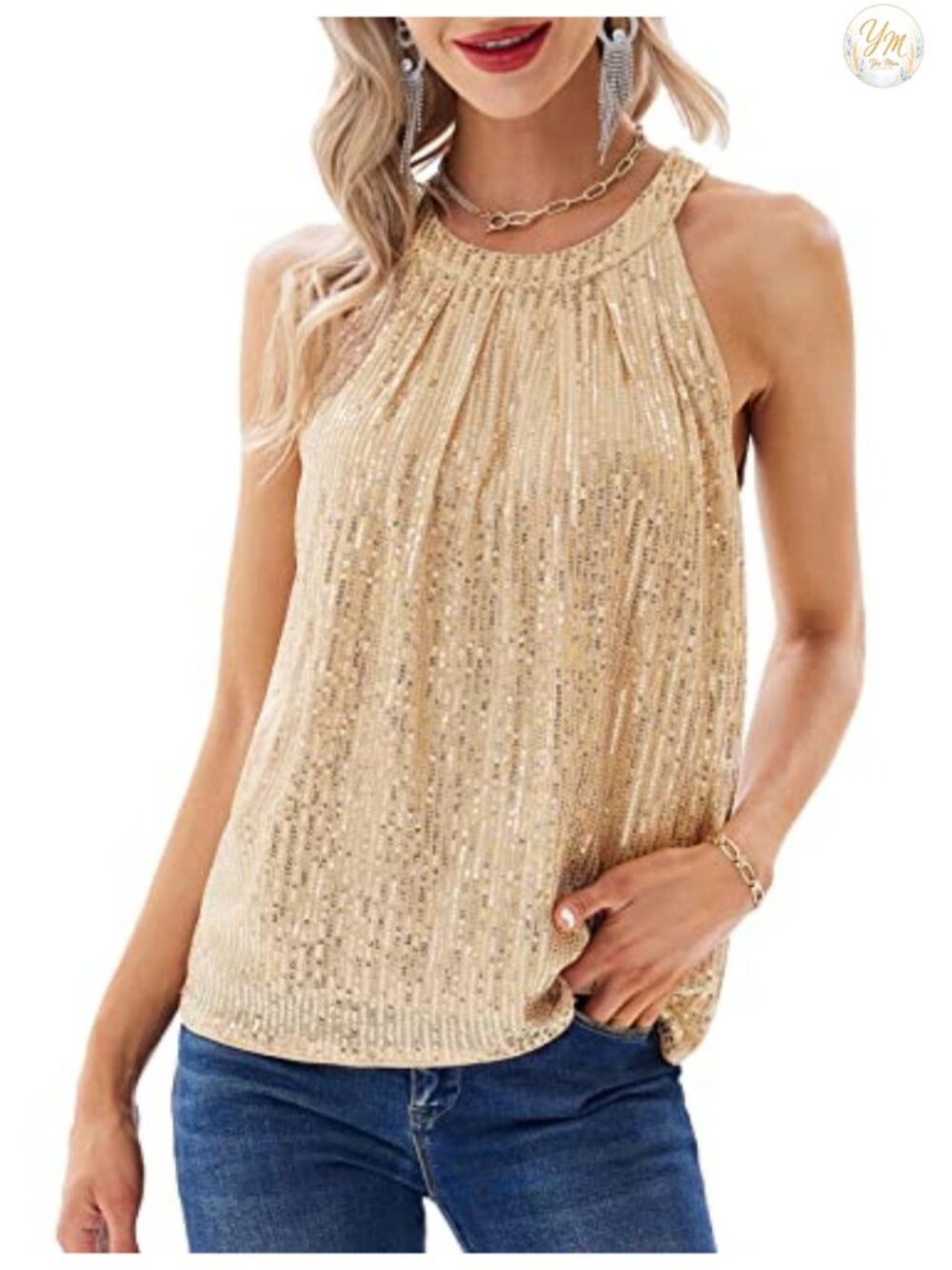 Sequin Halter Tank Top Sleeveless Ruched Sparkly Party Club Top